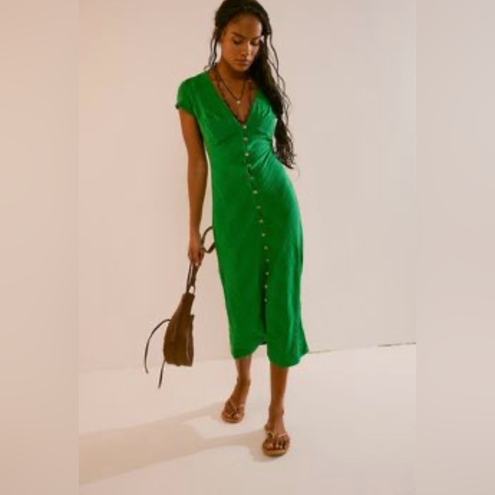 Free People New in town Green Button-Down Midi Dress